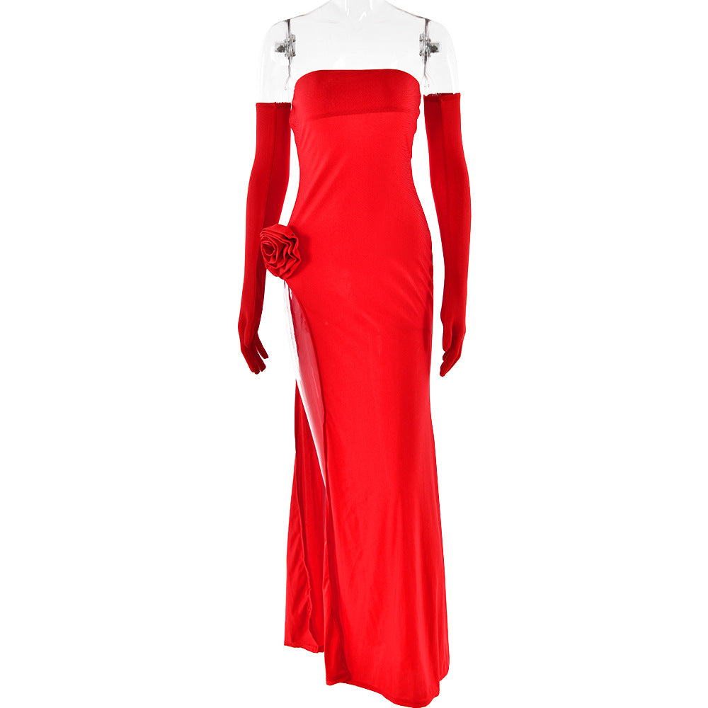 Women's dress, sexy and fashionable, strapless with floral inlay