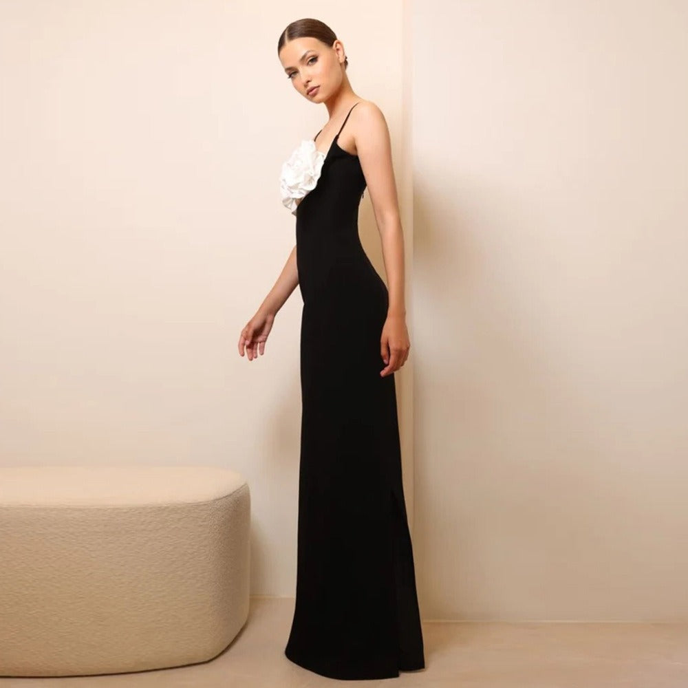Solid color flower hollowed out sleeveless suspender socialite backless women's dress