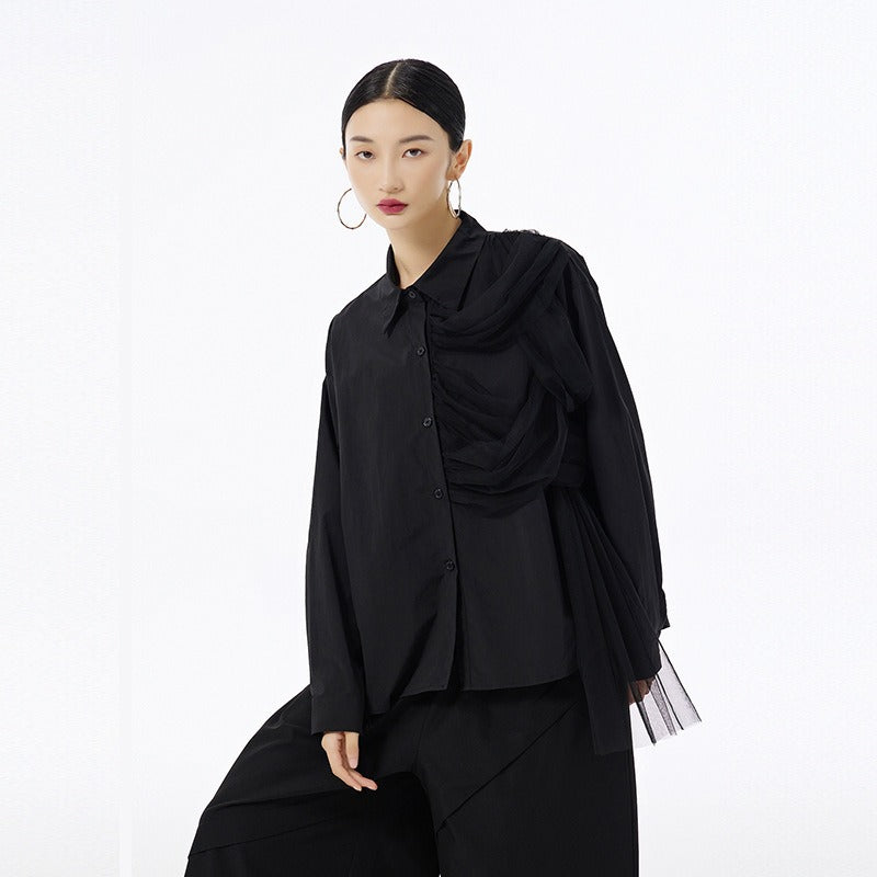 Fashion contrasting splicing mesh POLO collar long sleeved shirt for women