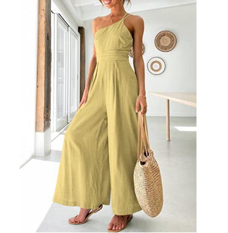 Women's camisole waist wide leg sleeveless cotton linen jumpsuit
