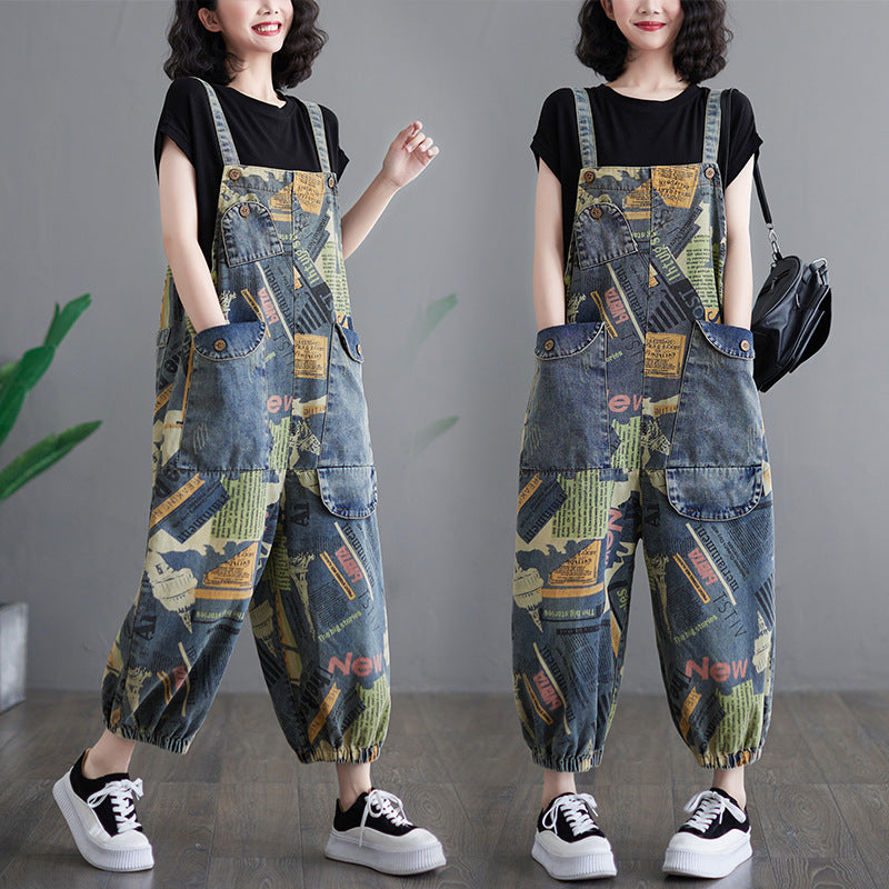 Artistic retro printed denim overalls fashionable for women