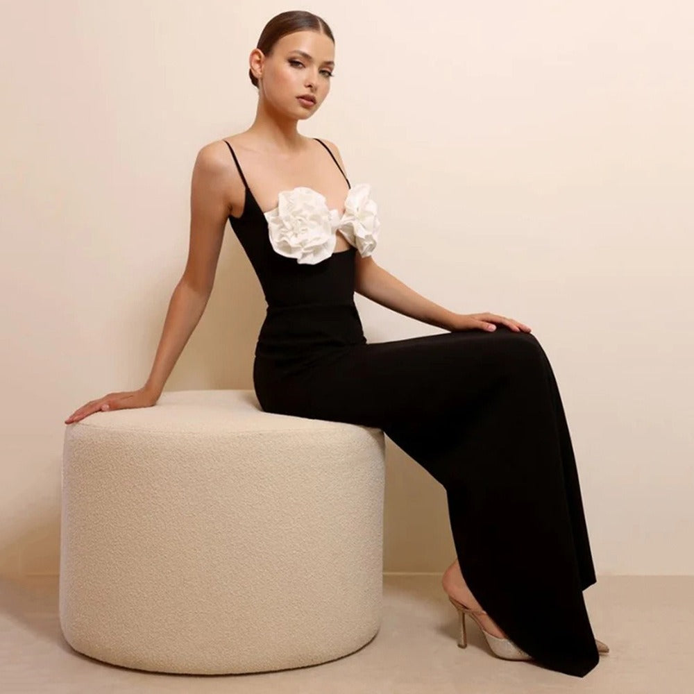Solid color flower hollowed out sleeveless suspender socialite backless women's dress