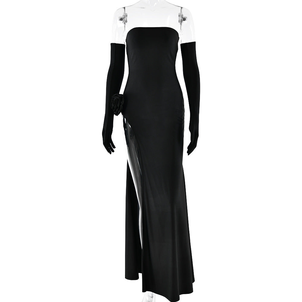 Women's dress, sexy and fashionable, strapless with floral inlay