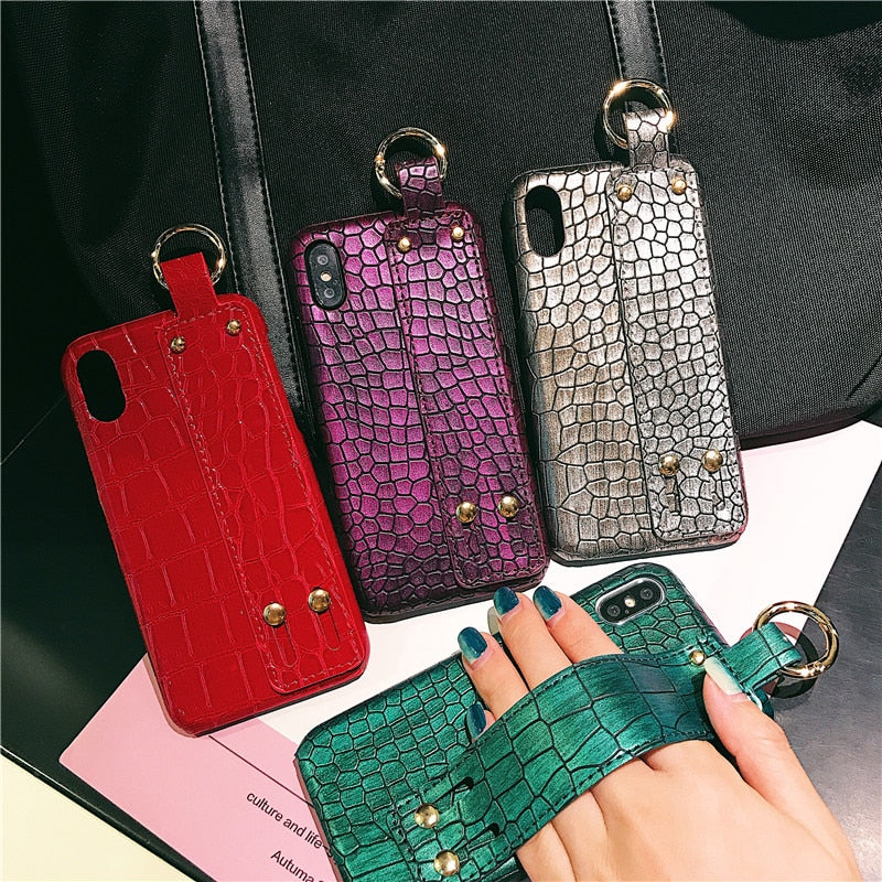 Plain With Wrist Strap Case For iPhone XS Max Case Leather Hard Back Cover Coque