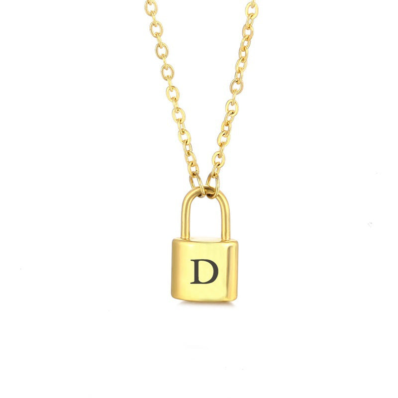 New Stainless Steel Gold 26 English Letter Lock Necklace Men And Women Concentric Lock Pendant Letter Necklace