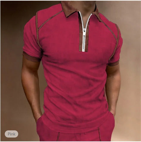 Summer New Men's Polo Shirt Short Sleeve Color Matching Zipper T-Shirt Top