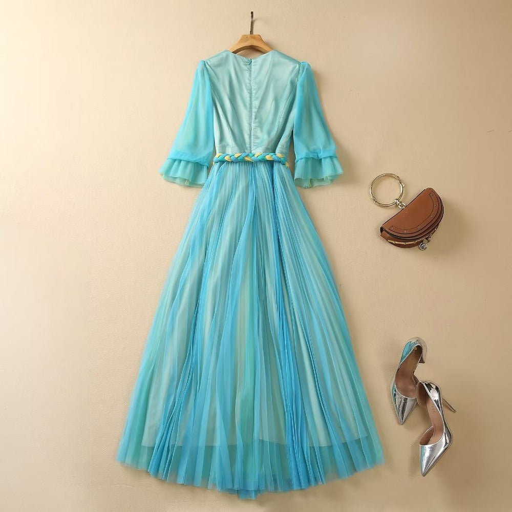 V-neck bubble middle sleeve pleated decorative waistband mesh dress