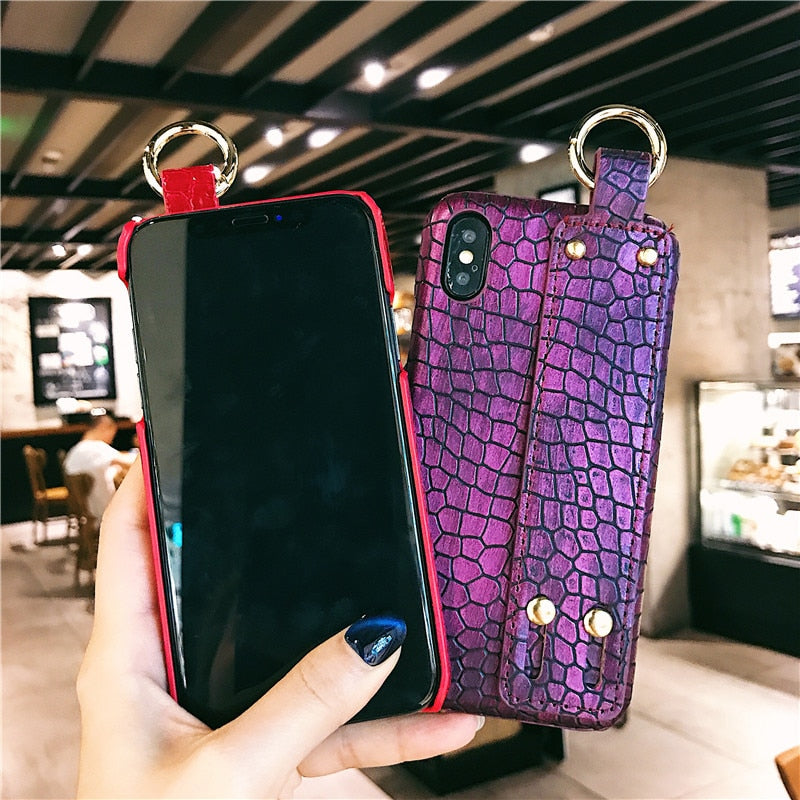 Plain With Wrist Strap Case For iPhone XS Max Case Leather Hard Back Cover Coque