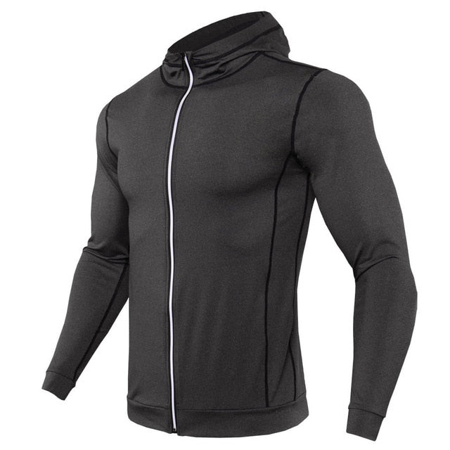 New Rashgard Hooded Sport Shirt Men Long Sleeve Zipper Running T Shirt