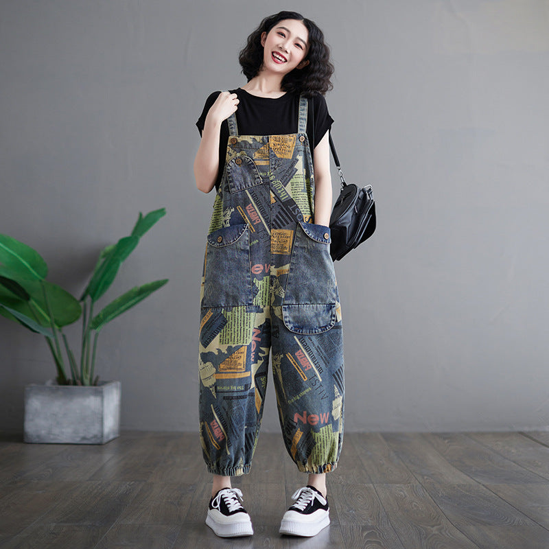 Artistic retro printed denim overalls fashionable for women