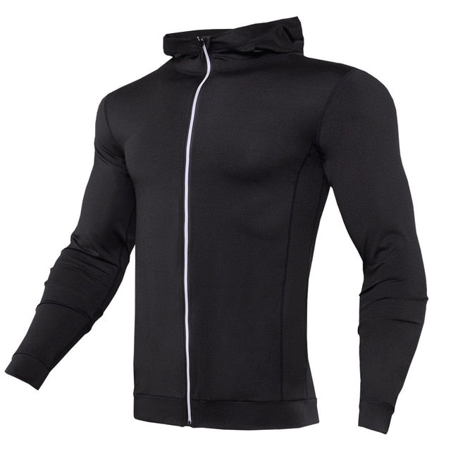 New Rashgard Hooded Sport Shirt Men Long Sleeve Zipper Running T Shirt