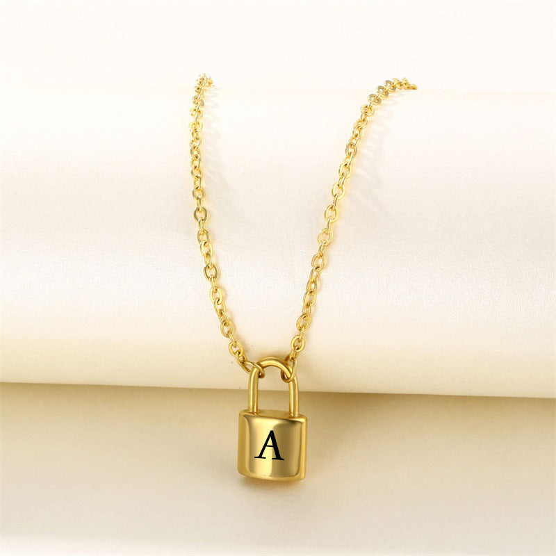 New Stainless Steel Gold 26 English Letter Lock Necklace Men And Women Concentric Lock Pendant Letter Necklace
