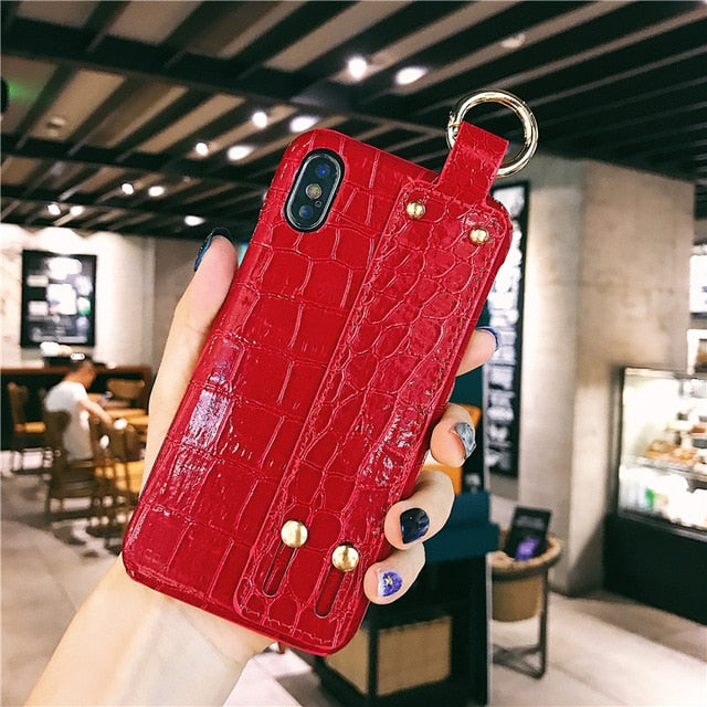 Plain With Wrist Strap Case For iPhone XS Max Case Leather Hard Back Cover Coque
