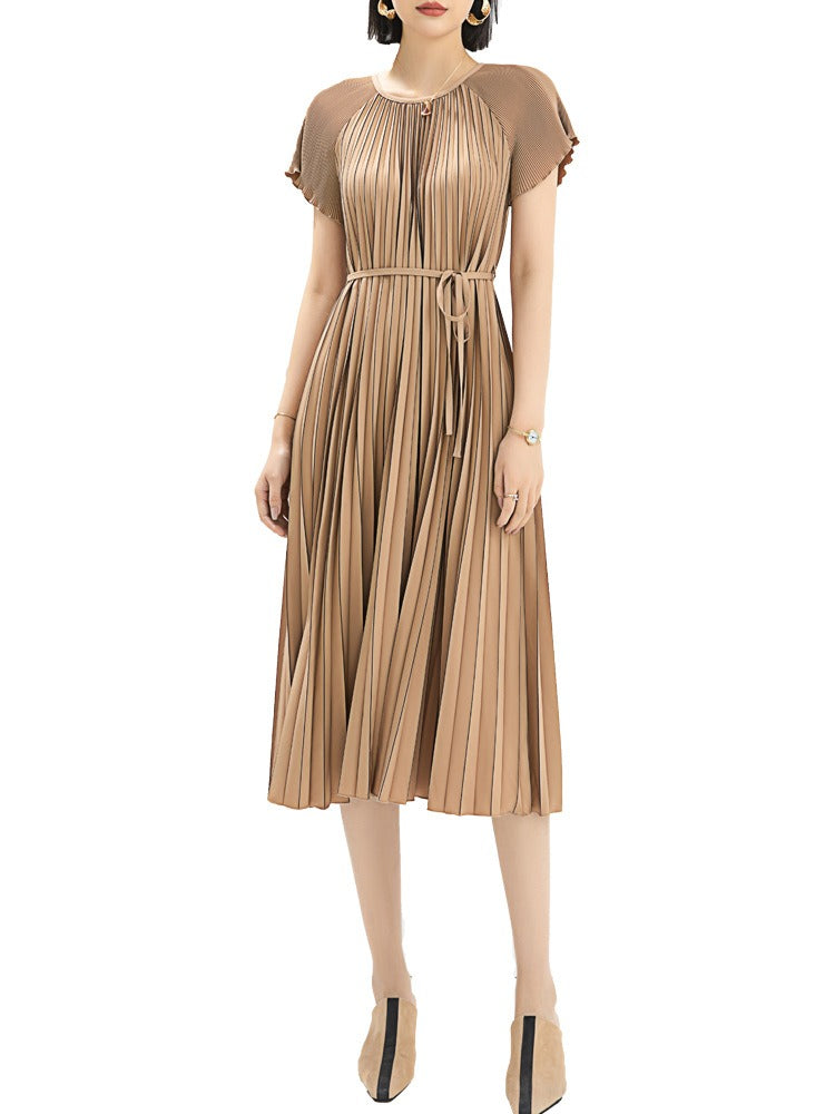 Colored printed waist tied mid length pleated skirt