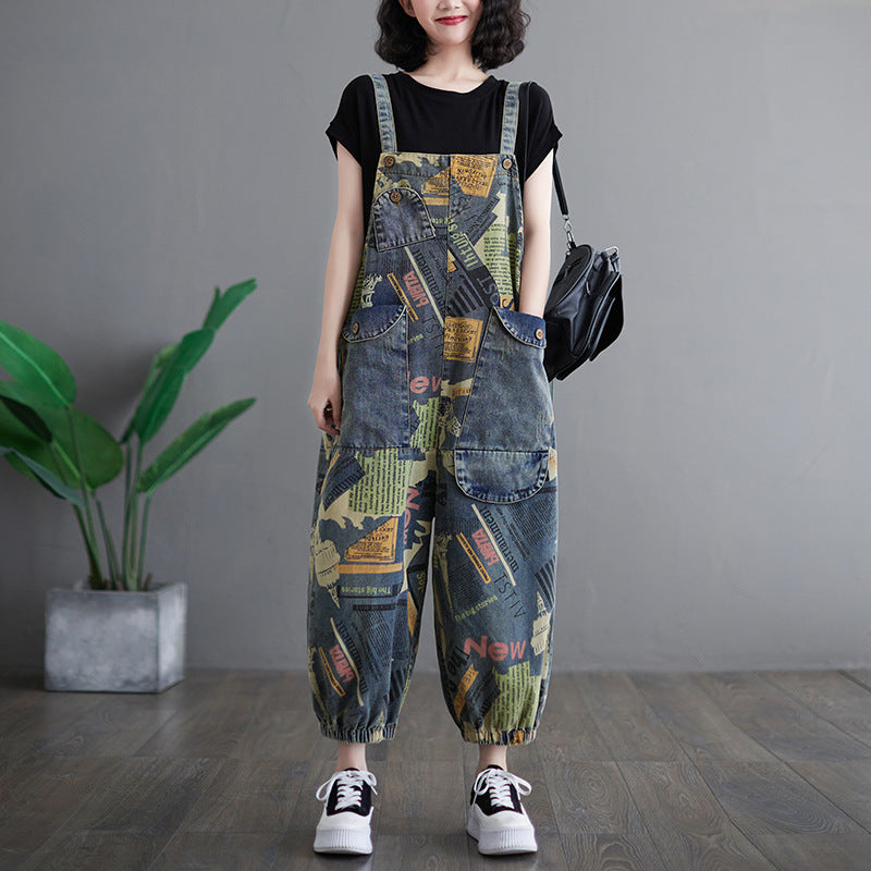 Artistic retro printed denim overalls fashionable for women