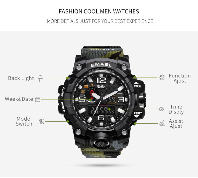 SMAEL Fashion Sport Watch Alarm Clock Camouflage Waterproof Week Display Men's Watches Digital Watch