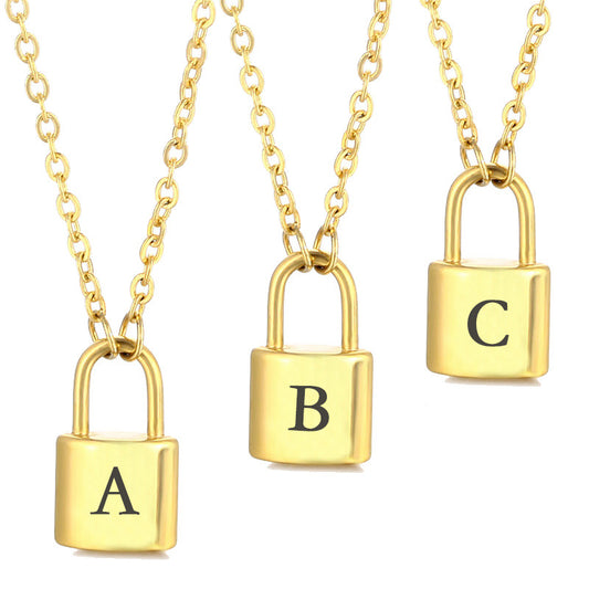 New Stainless Steel Gold 26 English Letter Lock Necklace Men And Women Concentric Lock Pendant Letter Necklace