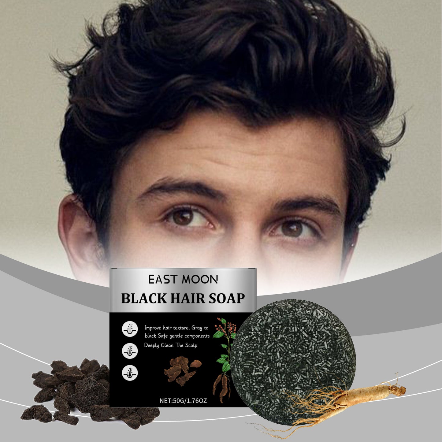 East Moon Men Bamboo Charcoal Black Hair Soap, Solid Hair Care, Clean Scalp, Smooth Black Hair Repair And Nourish Hair Roots