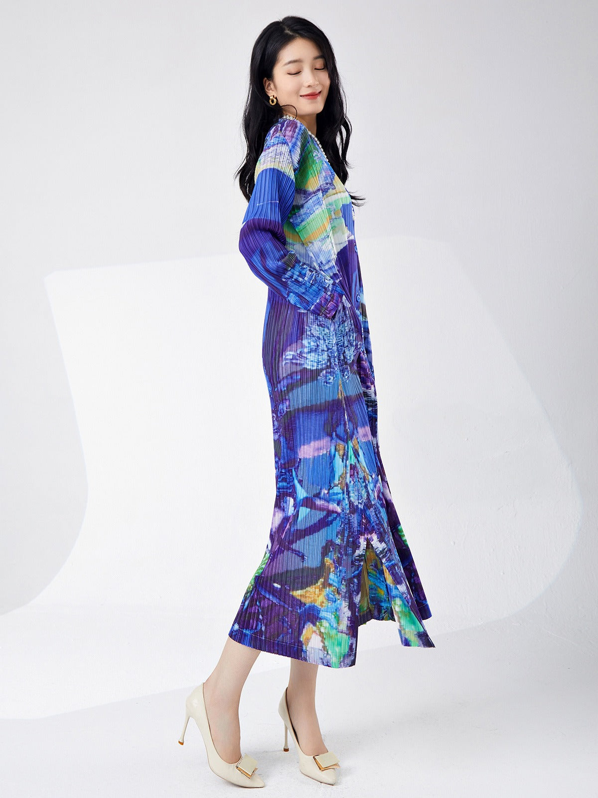 Spring women's printed single breasted slit dress