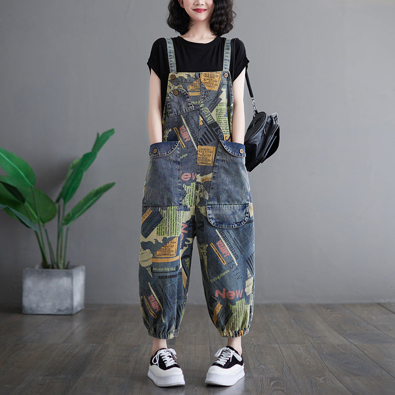 Artistic retro printed denim overalls fashionable for women