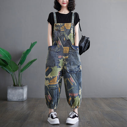 Artistic retro printed denim overalls fashionable for women