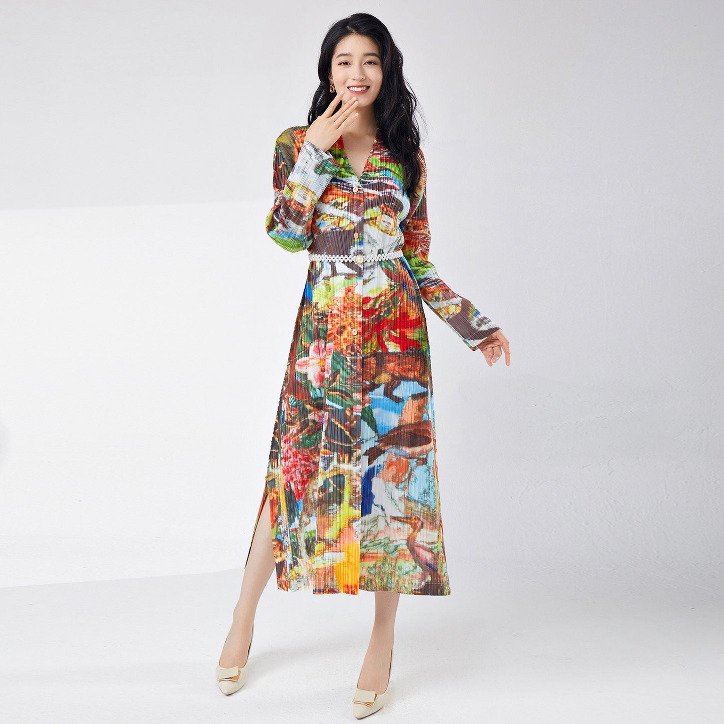 Spring women's printed single breasted slit dress