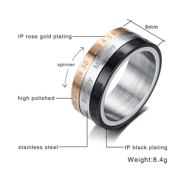Vnox Rotatable 3 Part Roman Numerals Ring Men Jewelry