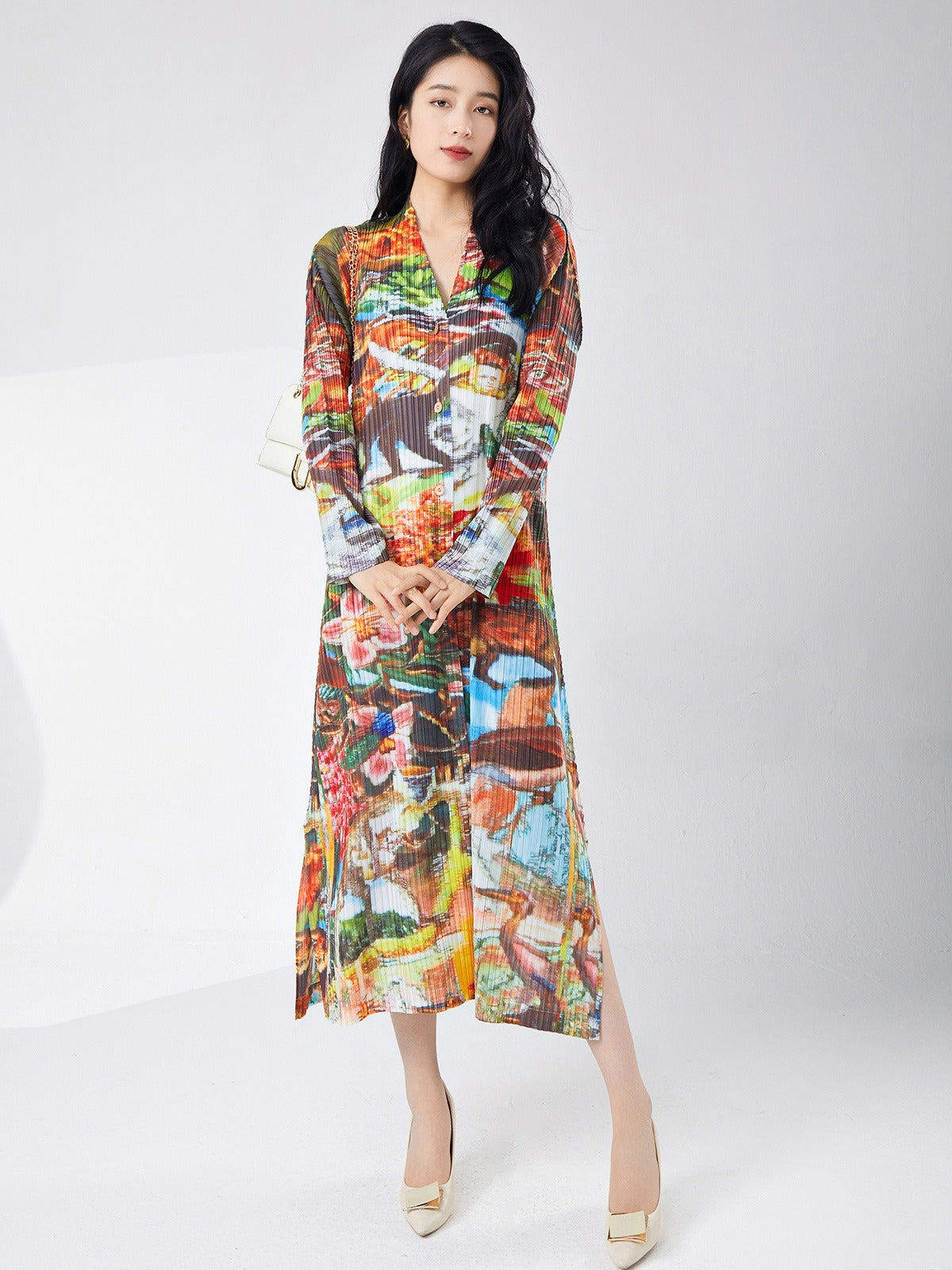 Spring women's printed single breasted slit dress