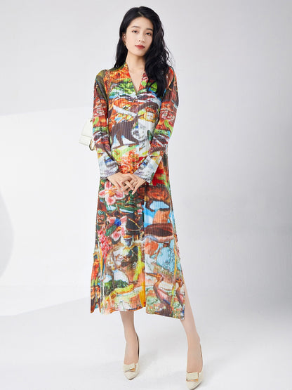 Spring women's printed single breasted slit dress