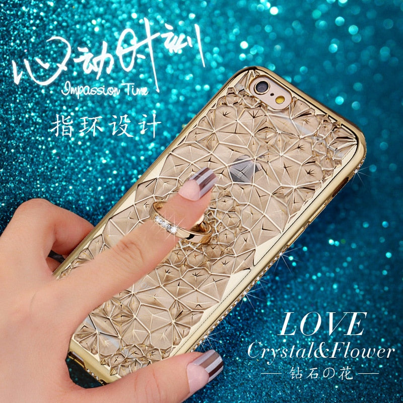 iPhone Case For X Xs Max XR Case Luxury 3D Soft Ring Capa for iPhone 5 5S SE 6 S 7 8 Plus Ring Silicon Glitter Rhinestone Stand Cover