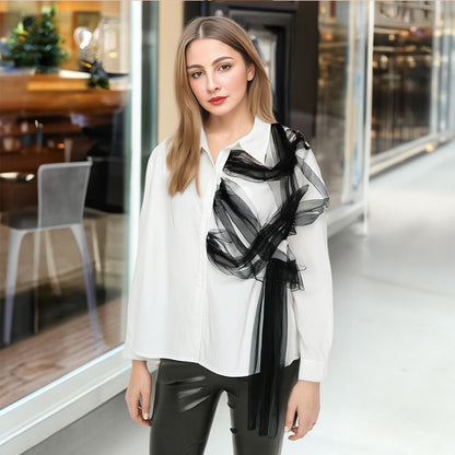 Fashion contrasting splicing mesh POLO collar long sleeved shirt for women
