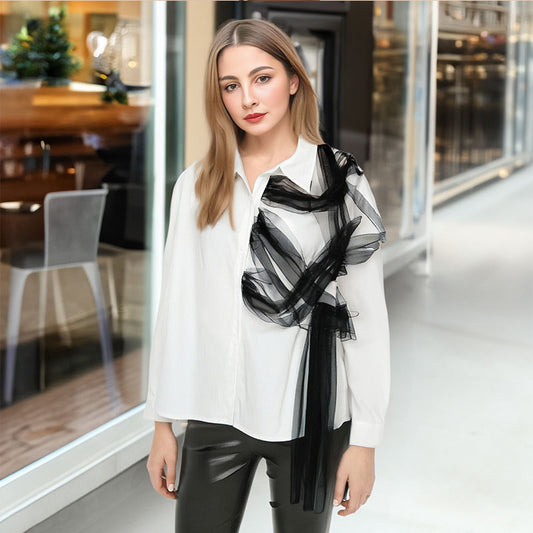 Fashion contrasting splicing mesh POLO collar long sleeved shirt for women