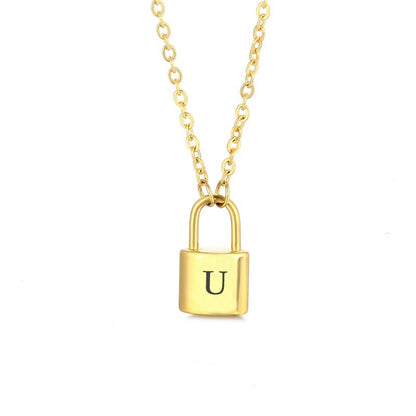 New Stainless Steel Gold 26 English Letter Lock Necklace Men And Women Concentric Lock Pendant Letter Necklace