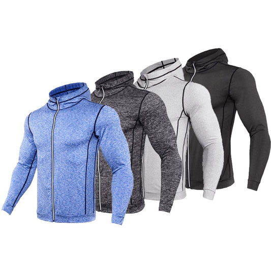 New Rashgard Hooded Sport Shirt Men Long Sleeve Zipper Running T Shirt
