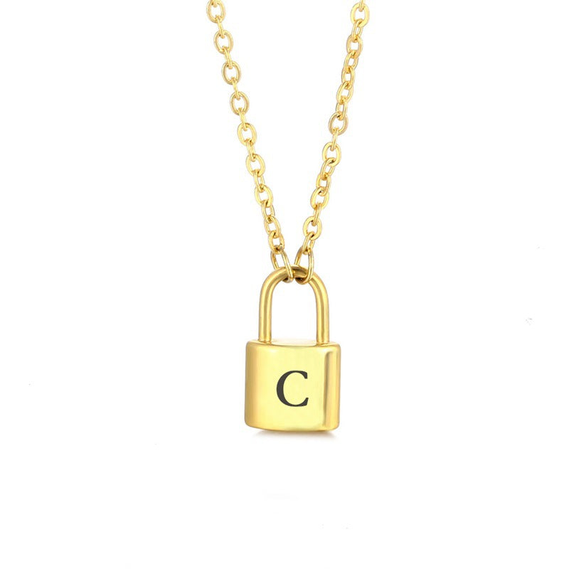 New Stainless Steel Gold 26 English Letter Lock Necklace Men And Women Concentric Lock Pendant Letter Necklace
