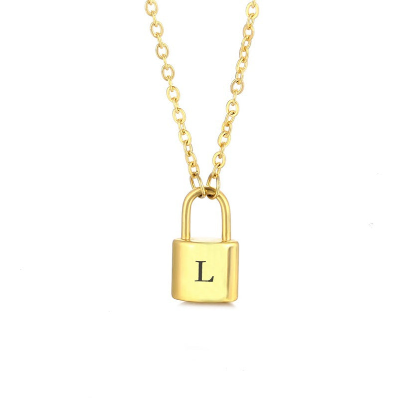 New Stainless Steel Gold 26 English Letter Lock Necklace Men And Women Concentric Lock Pendant Letter Necklace