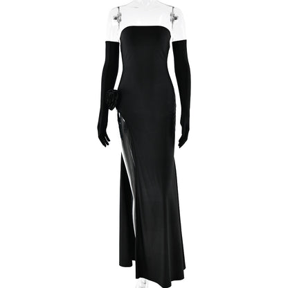 Women's dress, sexy and fashionable, strapless with floral inlay
