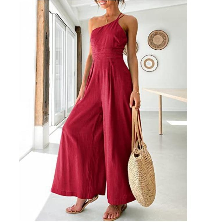 Women's camisole waist wide leg sleeveless cotton linen jumpsuit