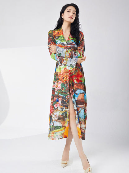 Spring women's printed single breasted slit dress
