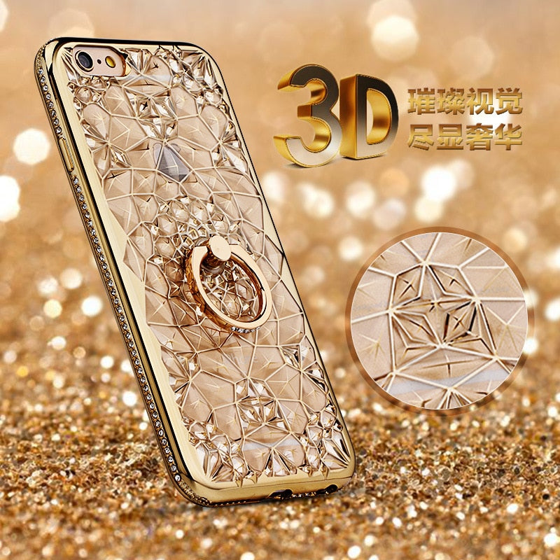 iPhone Case For X Xs Max XR Case Luxury 3D Soft Ring Capa for iPhone 5 5S SE 6 S 7 8 Plus Ring Silicon Glitter Rhinestone Stand Cover
