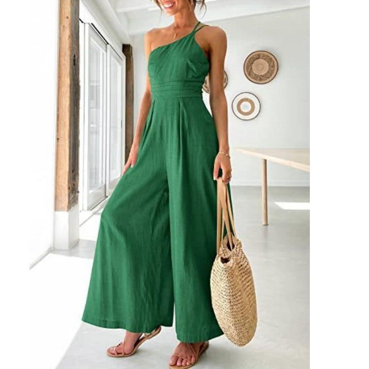 Women's camisole waist wide leg sleeveless cotton linen jumpsuit