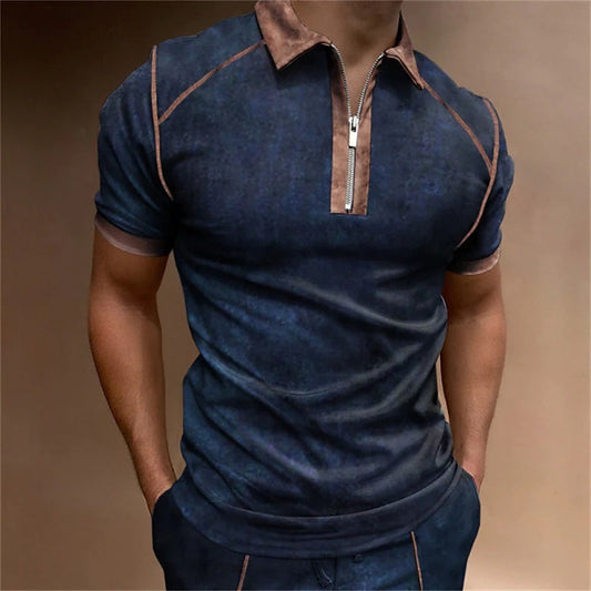 Summer New Men's Polo Shirt Short Sleeve Color Matching Zipper T-Shirt Top