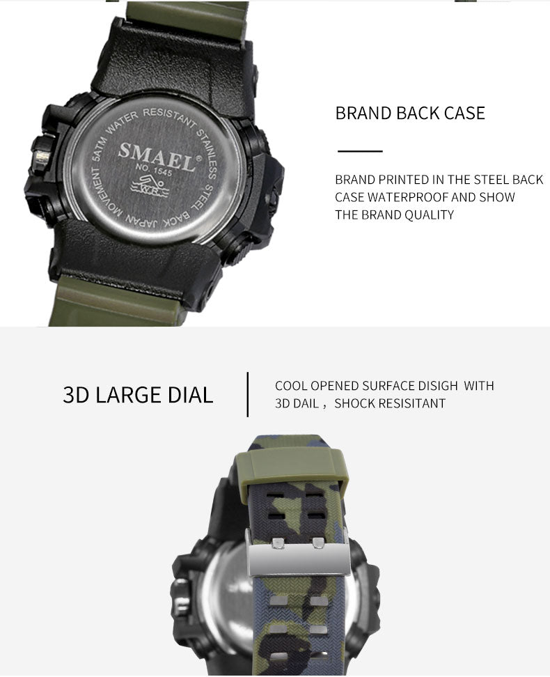 SMAEL Fashion Sport Watch Alarm Clock Camouflage Waterproof Week Display Men's Watches Digital Watch