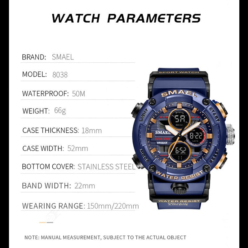 SMAEL 8038 Sport Watch Men Waterproof LED Digital Watches Stopwatch