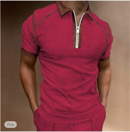 Summer New Men's Polo Shirt Short Sleeve Color Matching Zipper T-Shirt Top