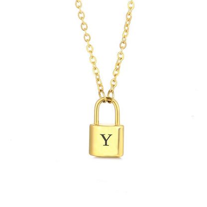 New Stainless Steel Gold 26 English Letter Lock Necklace Men And Women Concentric Lock Pendant Letter Necklace