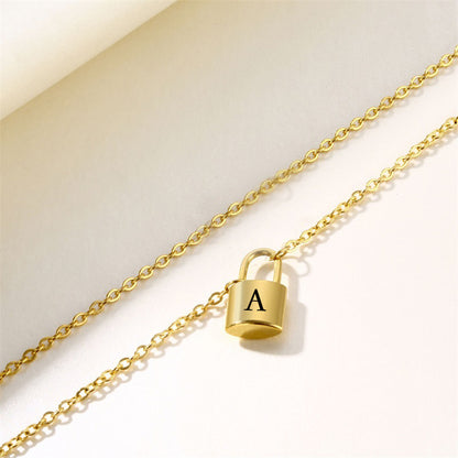 New Stainless Steel Gold 26 English Letter Lock Necklace Men And Women Concentric Lock Pendant Letter Necklace