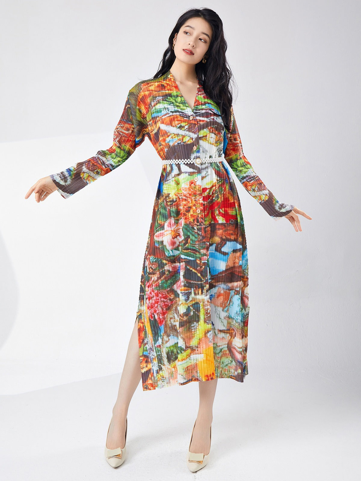Spring women's printed single breasted slit dress