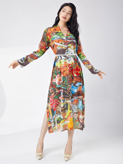 Spring women's printed single breasted slit dress