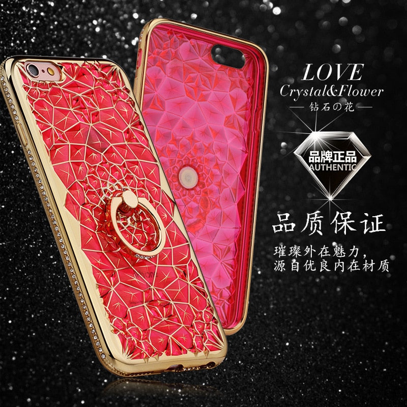 iPhone Case For X Xs Max XR Case Luxury 3D Soft Ring Capa for iPhone 5 5S SE 6 S 7 8 Plus Ring Silicon Glitter Rhinestone Stand Cover